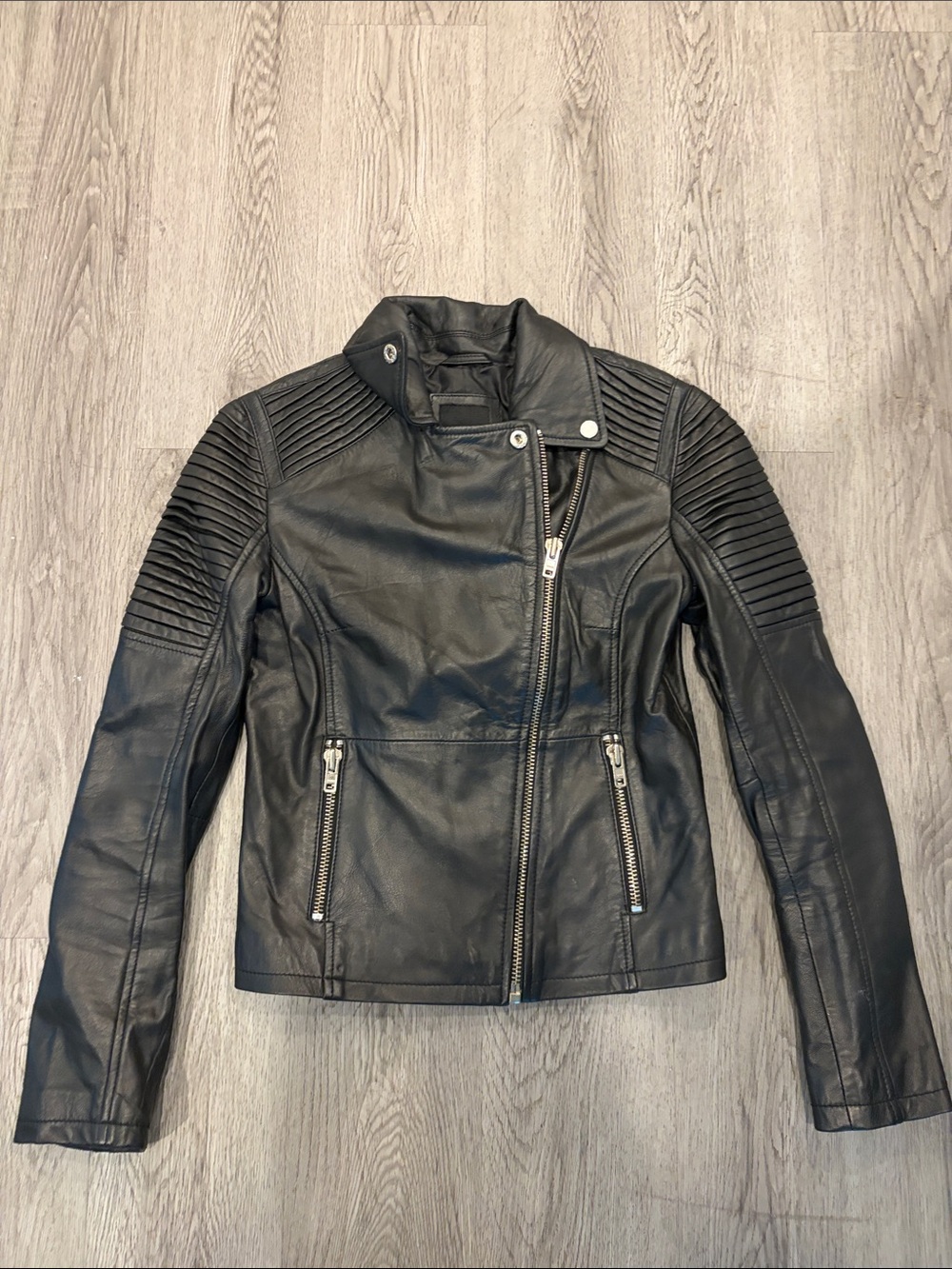 Barneys New York Black Quilted Shoulder Moto Leather Jacket